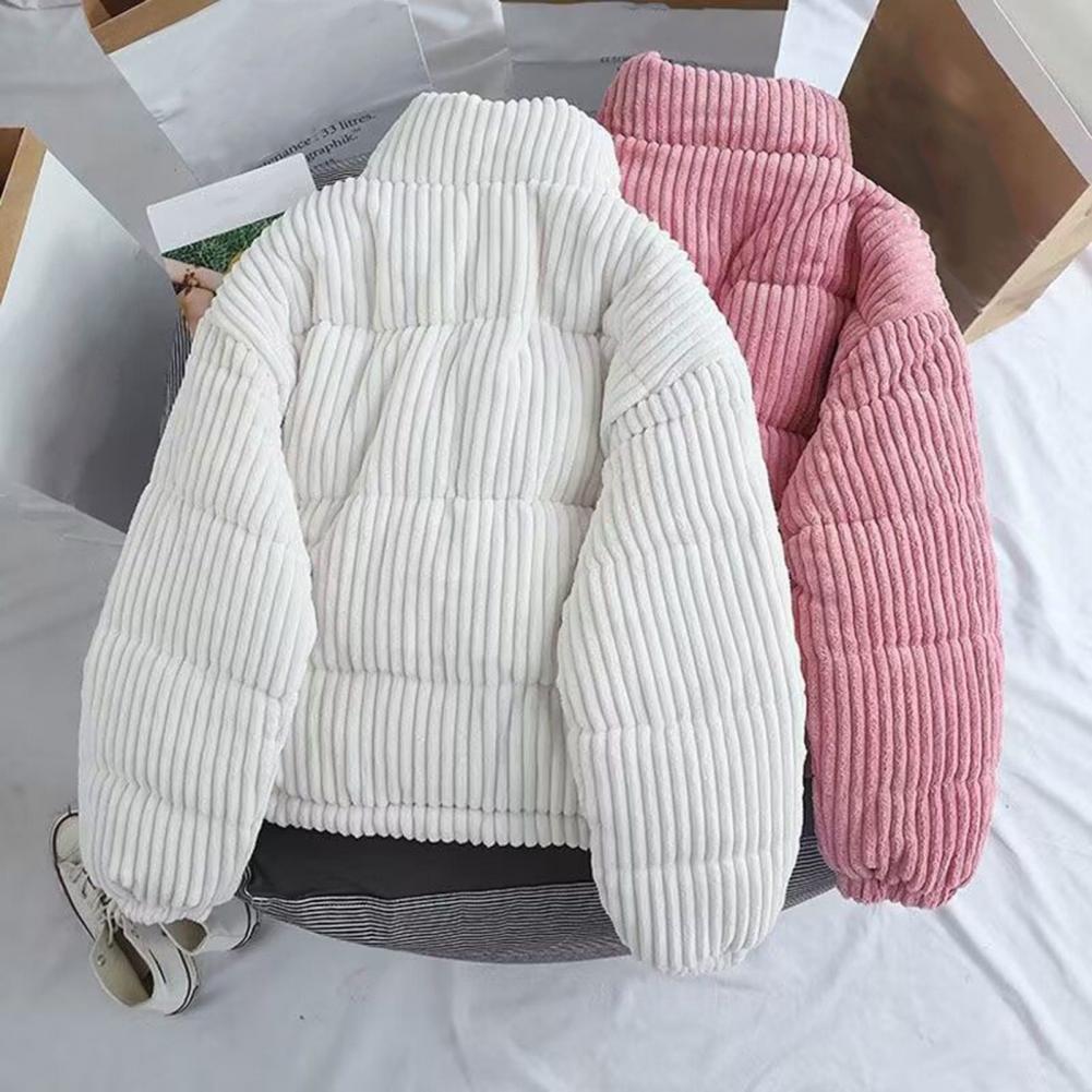 Puffer Jacket Women Down - เสื้อแจ็คเก็ตพัฟเฟอร์โพลีเอสเตอร์ เสื้อแจ็คเก็ตพัฟเฟอร์ผ้าคอร์ดูรอยสำหรับผู้หญิง เสื้อโค้ทกันหนาวแบบบุนวม เสื้อคลุมกันหนาวหนาและอบอุ่นสำหรับสภาพอากาศหนาวเย็น