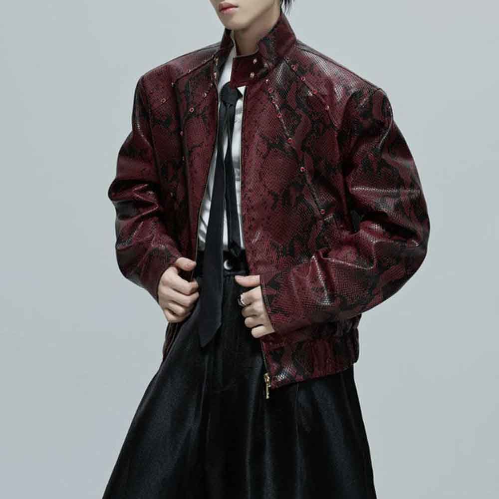 Winter Clothing Jewel - เสื้อแจ็คเก็ตผู้ชายลายหนังงู ประดับเพชร สไตล์สตรีทแวร์ แฟชั่นไนท์คลับ เสื้อครอปท็อป เสื้อผ้าผู้ชาย