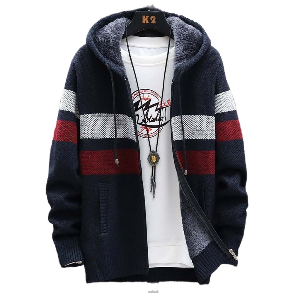 Winter Clothing Uae - ผู้ชายลายเสื้อกันหนาวหนาขนแกะซิปขนสัตว์ Hooded เสื้อสเวตเตอร์ถักจัมเปอร์ผู้ชายแขนยาวถักเสื้อกันหนาว
