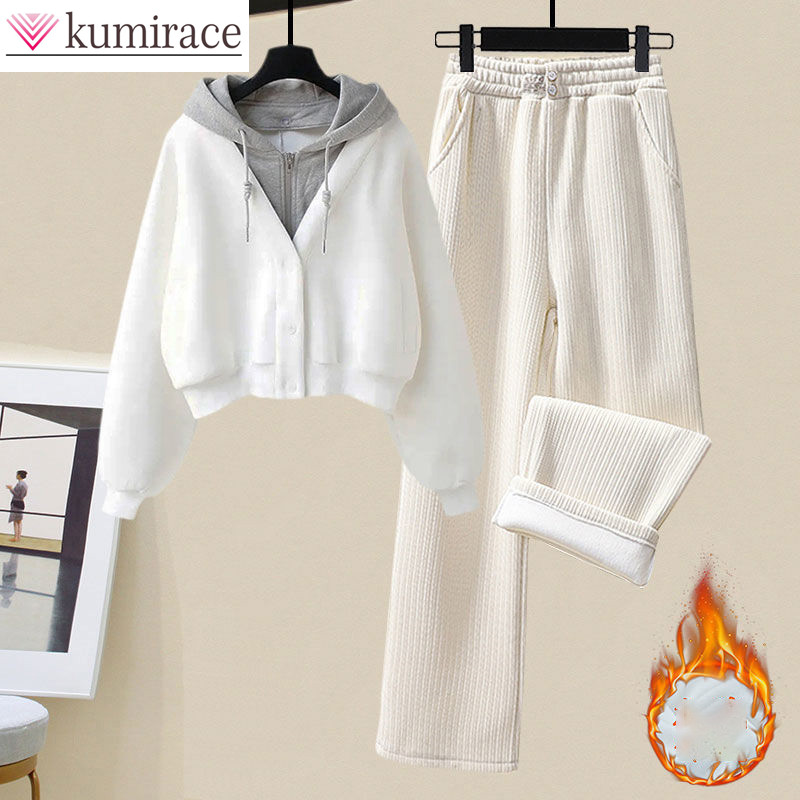 Winter Clothing Sales - Plush และหนา Hoodie แจ็คเก็ตกางเกงขากว้างสบายๆ 2 ชิ้น