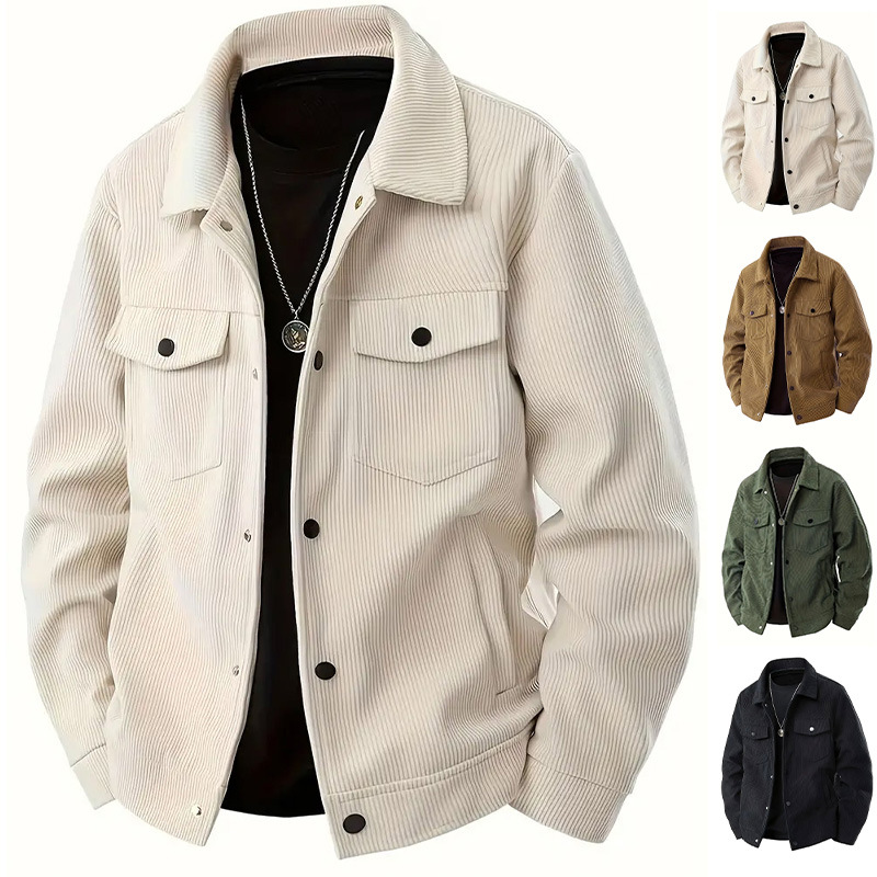 Winter Clothes Shop - เสื้อแจ็คเก็ตผู้ชายผ้าลูกฟูกสำหรับฤดูใบไม้ร่วงและฤดูหนาว แบบกระดุมเดี่ยว คอปก แขนยาว สไตล์ลำลอง สปอร์ต