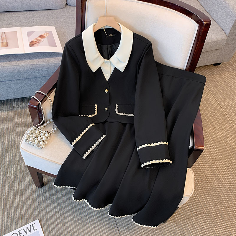 Winter Clothing Deals - 150กก.Plusขนาดผู้หญิงหน้าอก150ฤดูใบไม้ร่วงใหม่หอมขนาดเล็กTop Coatและกระโปรง2ชิ้นชุดสีดํา5XL 6XL 7XL 8XL 9XL