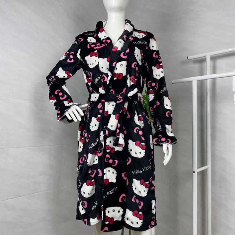 Winter Clothing Deals - ชุดนอนเฮลโลคิตตี้ใหม่ฤดูใบไม้ร่วงฤดูหนาวเสื้อคลุมอาบน้ำความยาวปานกลางที่ให้ความอบอุ่น ชุดนอนผู้หญิงที่ให้ความอบอุ่น เสื้อผ้าสำหรับใส่ในบ้านสามารถสวมใส่ได้นอกเสื้อคลุม