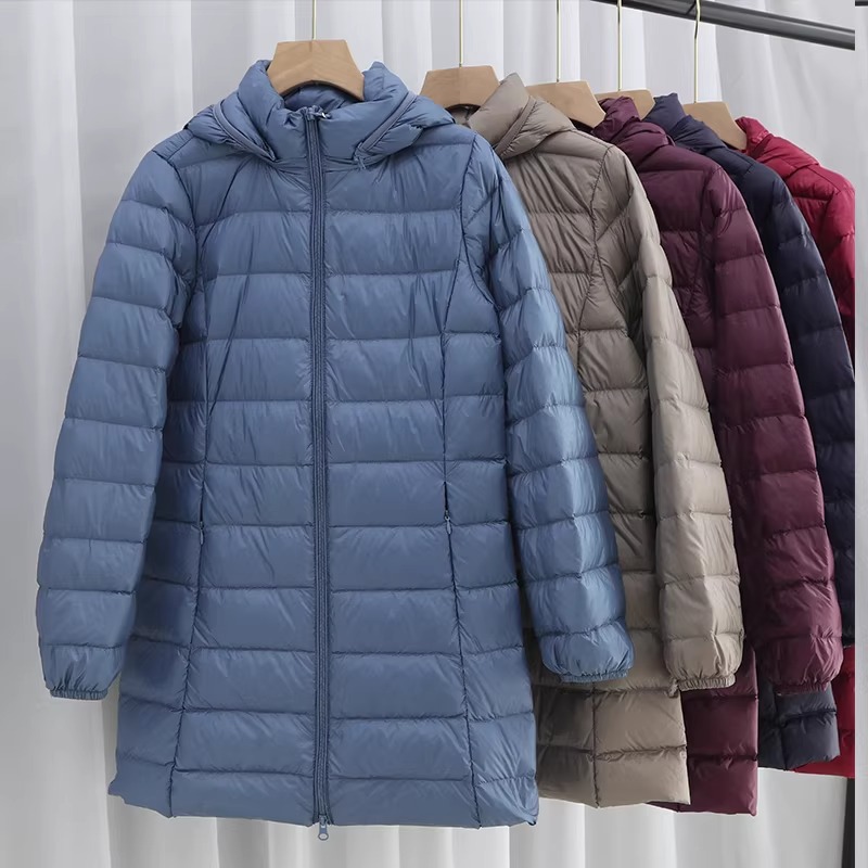 Puffer Jacket Women Down - เสื้อโค้ทขนเป็ดน้ำหนักเบาสำหรับผู้หญิง เสื้อแจ็คเก็ตพัฟเฟอร์ยาวสำหรับฤดูใบไม้ผลิและฤดูใบไม้ร่วง น้ำหนักเบาพิเศษ มีฮู้ด ทรงเข้ารูป