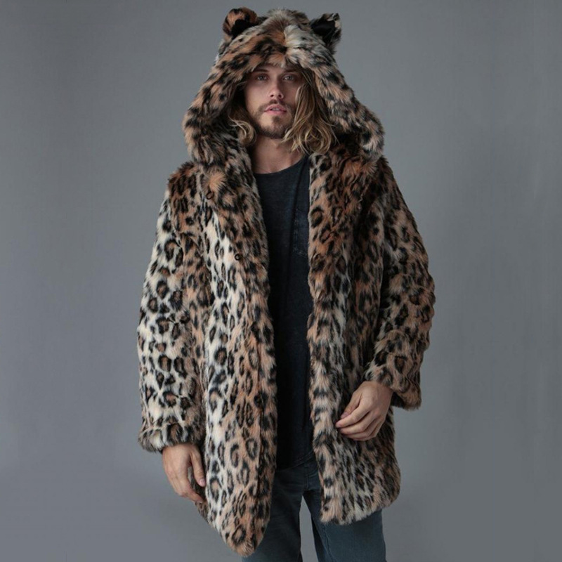 Winter Clothing Uae - เสื้อแจ็คเก็ตขนเฟอร์เทียมผู้ชาย เสื้อโค้ทฤดูหนาว หนา มีฮู้ด ลายเสือดาว ความยาวปานกลาง
