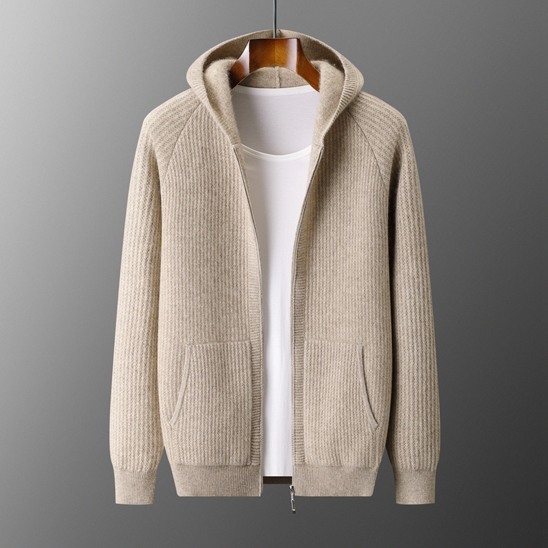 Winter Clothing Uae - เสื้อฮู้ดดี้คาร์ดิแกนมีซิปหนาสำหรับผู้ชาย ผ้าขนสัตว์เมอริโนถัก 100% เสื้อสเวตเตอร์ลำลองทรงหลวมสำหรับฤดูใบไม้ร่วง/ฤดูหนาว เสื้อฮู้ดดี้แขนยาวอุ่นๆ